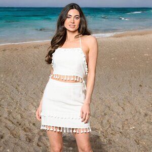 American Threads Two Pieces Matching Set Cropped Bustier Top Mini Skirt Tassels